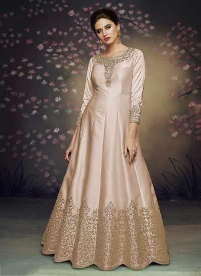 Beige satin silk gown style embroidered anarkali suit 3076